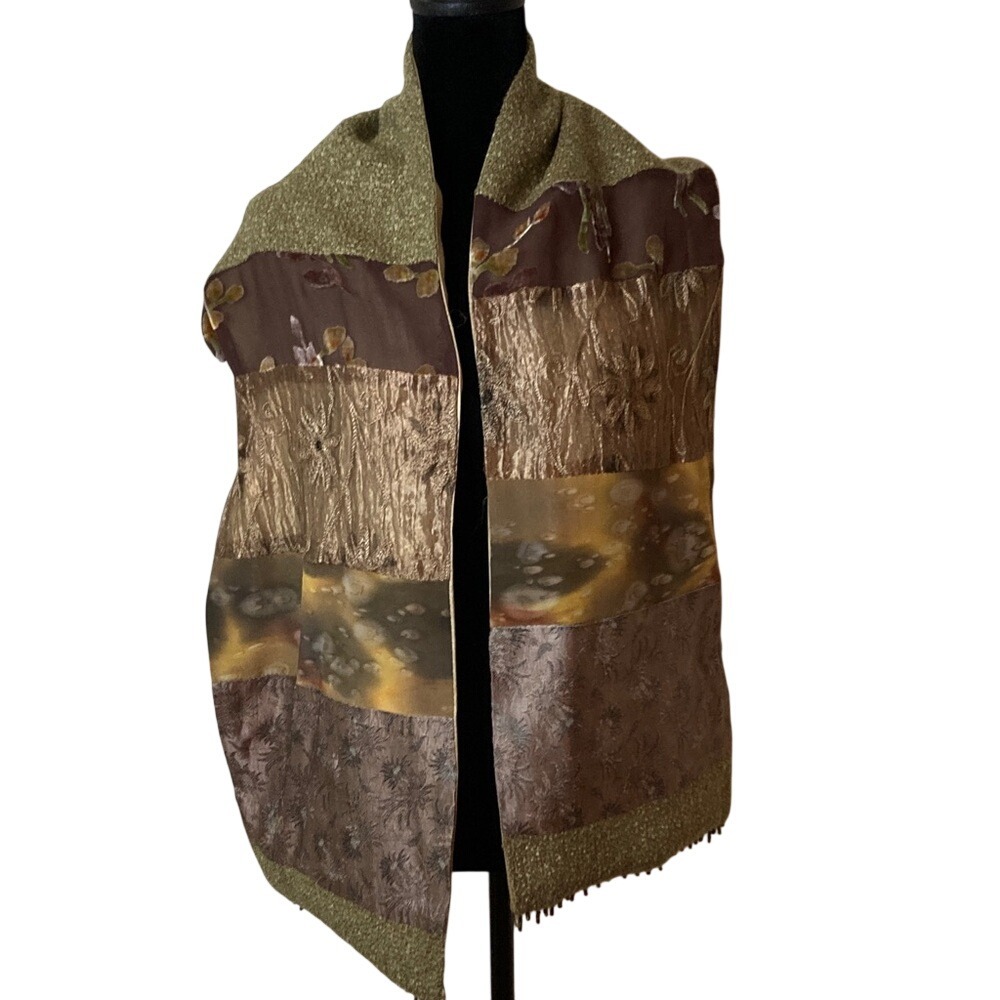 Mariella Womens Patchwork Burnout Velvet‎ Scarf Earthy Tones 60x10 Artsy Dressy